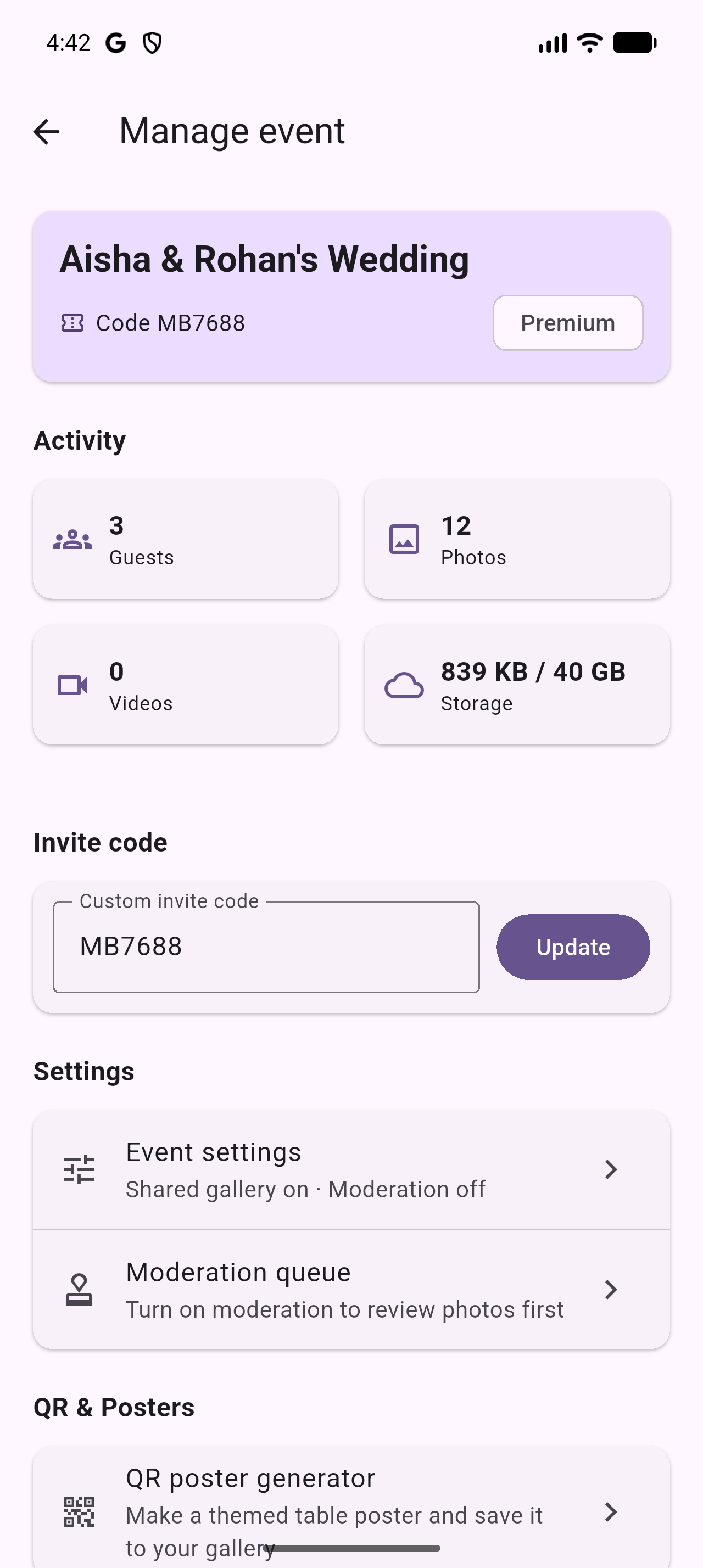 Host management screen with live event stats