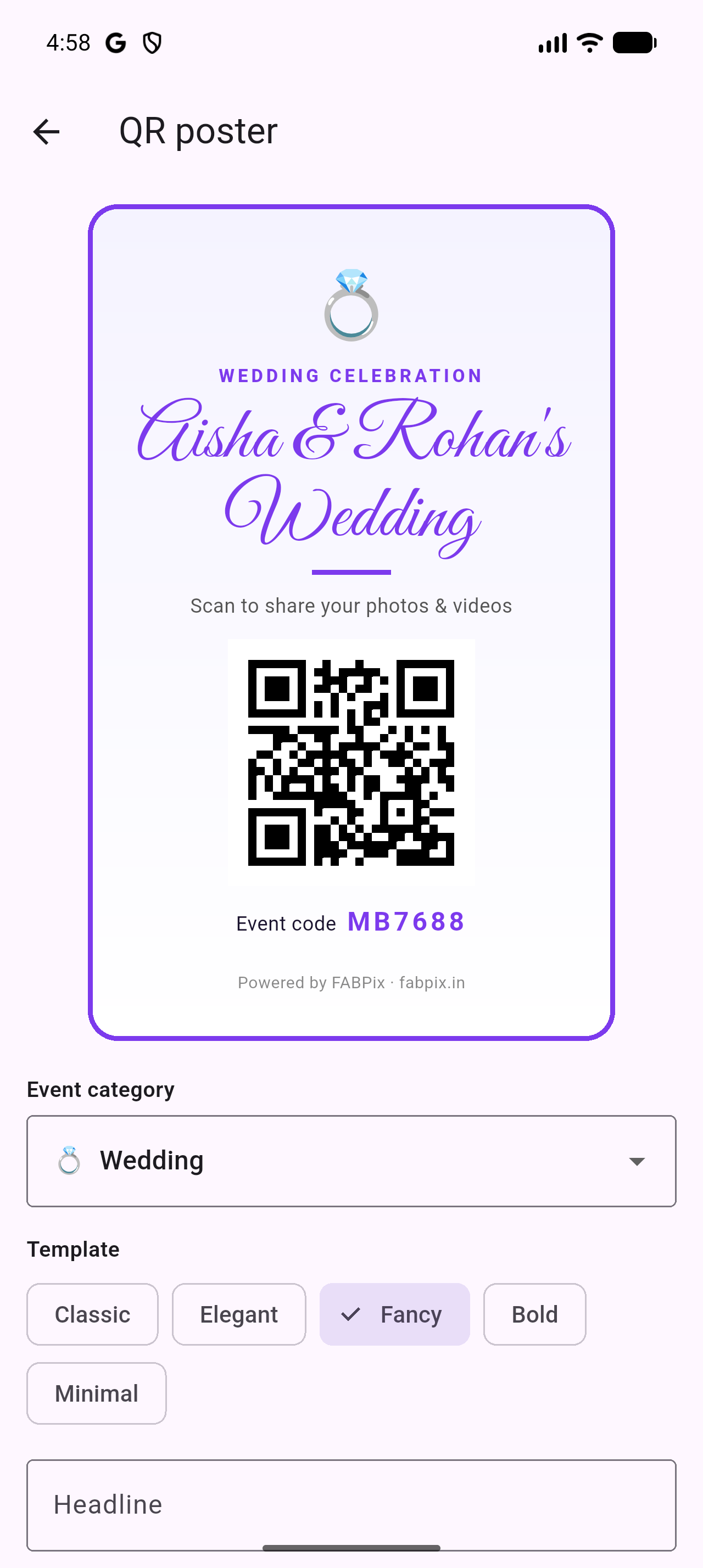Themed QR table poster generated in the app